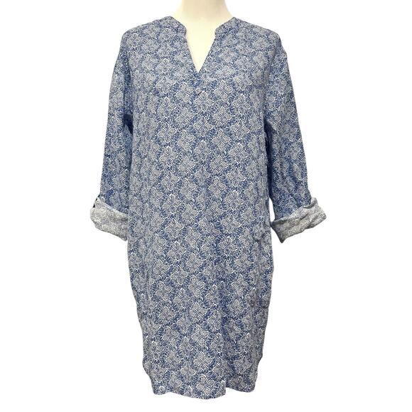 Sigrid Olsen 100% Linen Tunic Dress Coverup Top Blouse Blue Roll Tab Sleeve XL - Picture 2 of 8